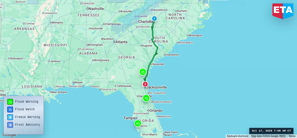 Route map for Charlotte, NC → Jacksonville, FL