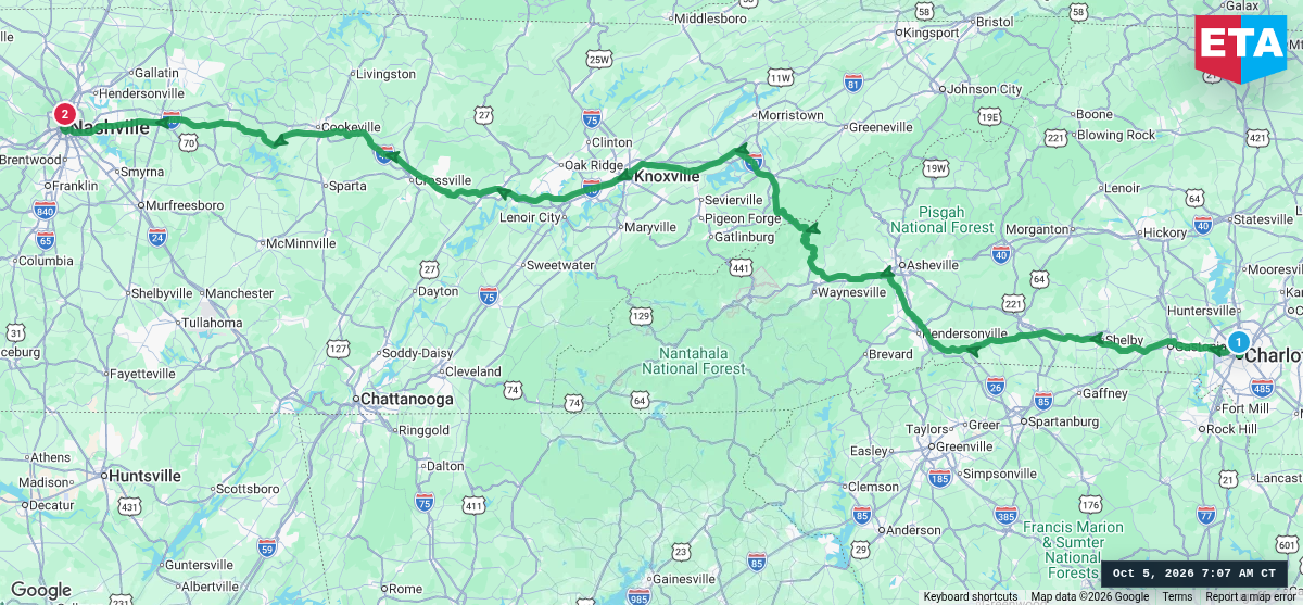 Route map for Charlotte, NC → Nashville, TN