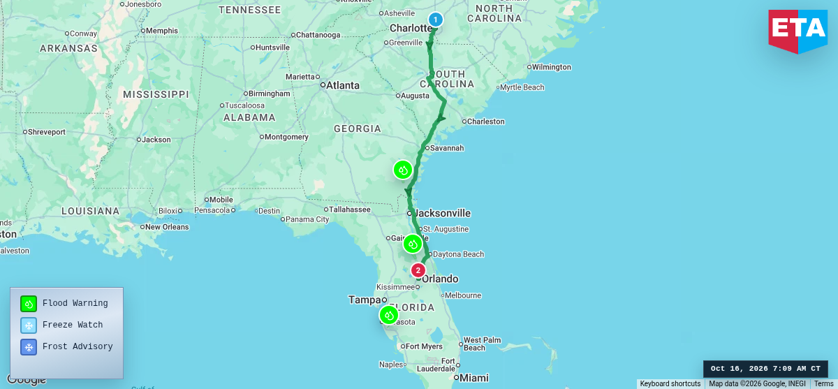 Route map for Charlotte, NC → Orlando, FL