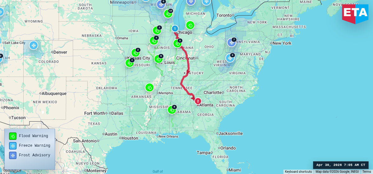 Route map for Chicago, IL → Atlanta, GA