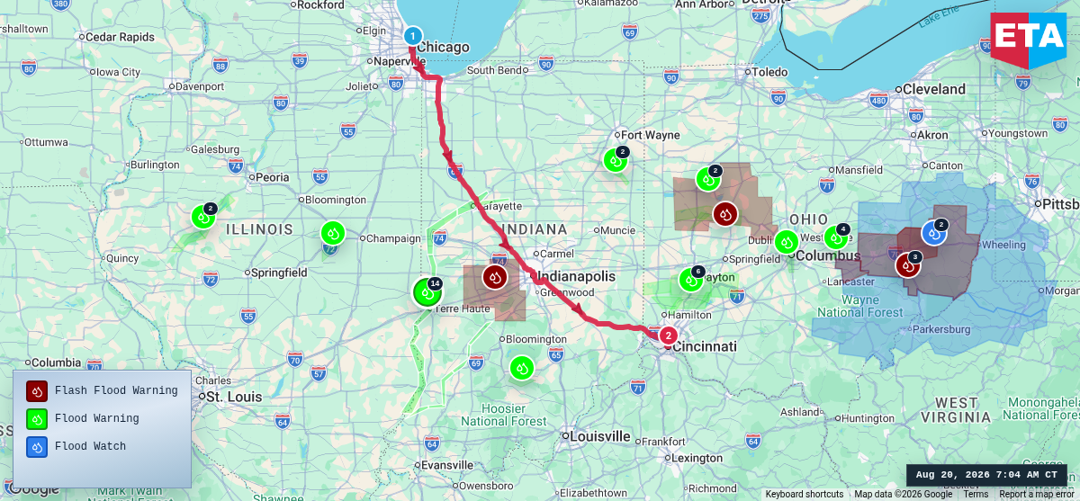 Route map for Chicago, IL → Cincinnati, OH