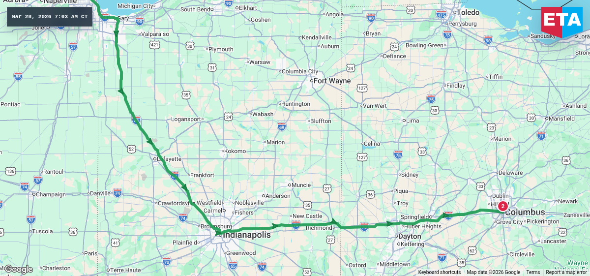 Route map for Chicago, IL → Columbus, OH