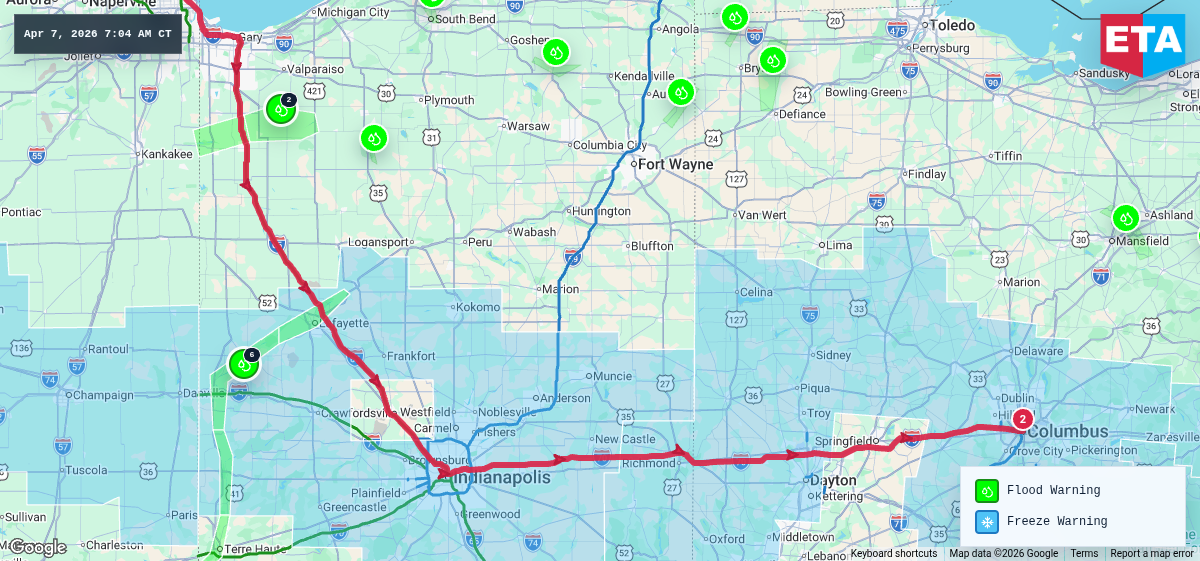 Route map for Chicago, IL → Columbus, OH