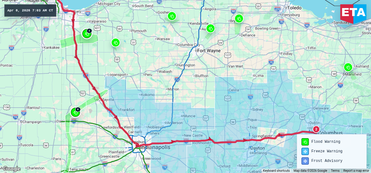 Route map for Chicago, IL → Columbus, OH