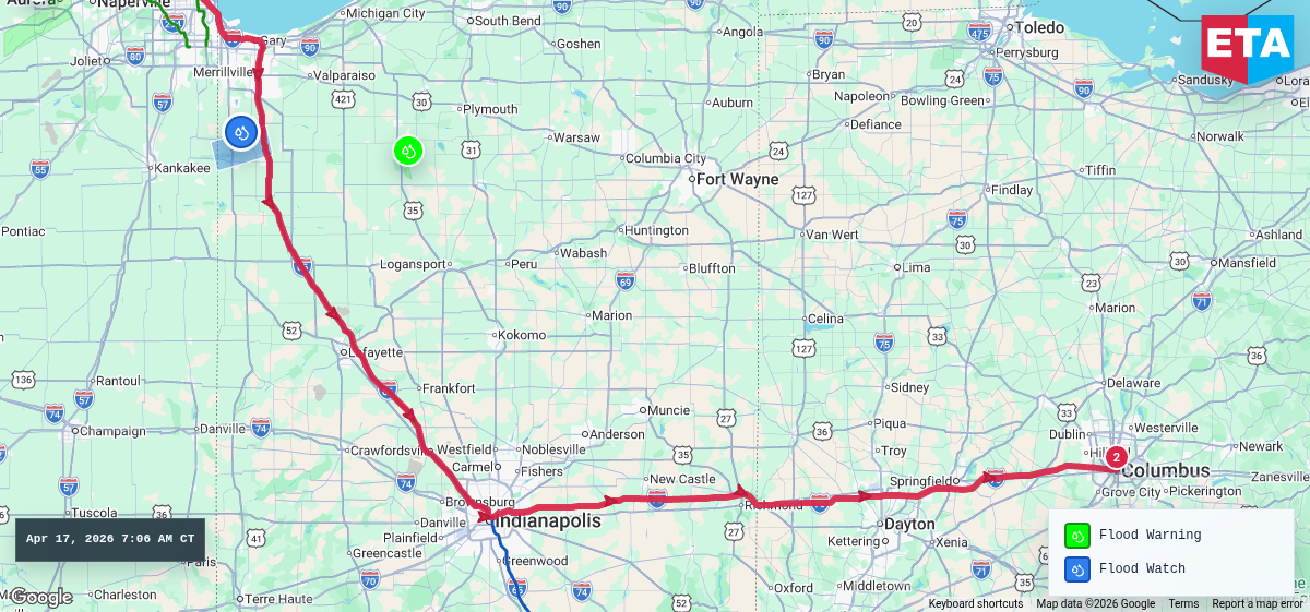 Route map for Chicago, IL → Columbus, OH