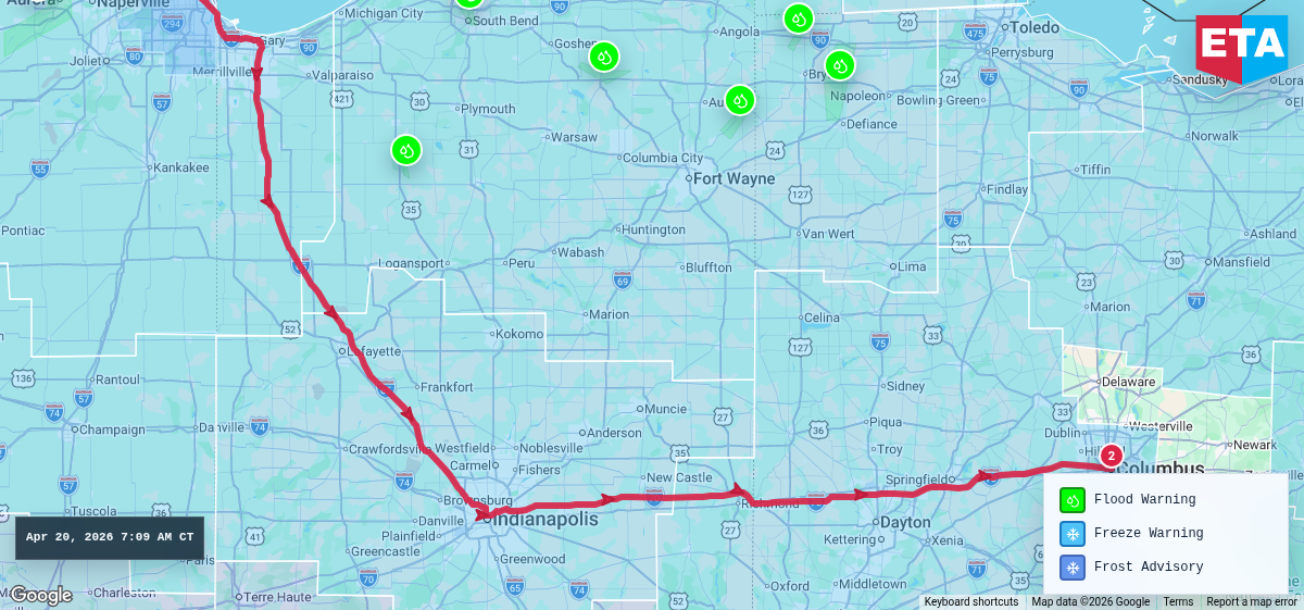 Route map for Chicago, IL → Columbus, OH