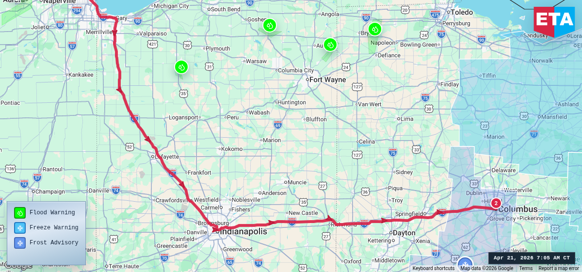 Route map for Chicago, IL → Columbus, OH