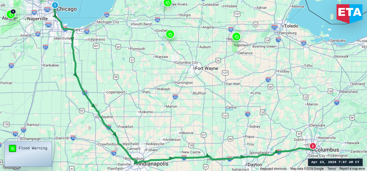 Route map for Chicago, IL → Columbus, OH