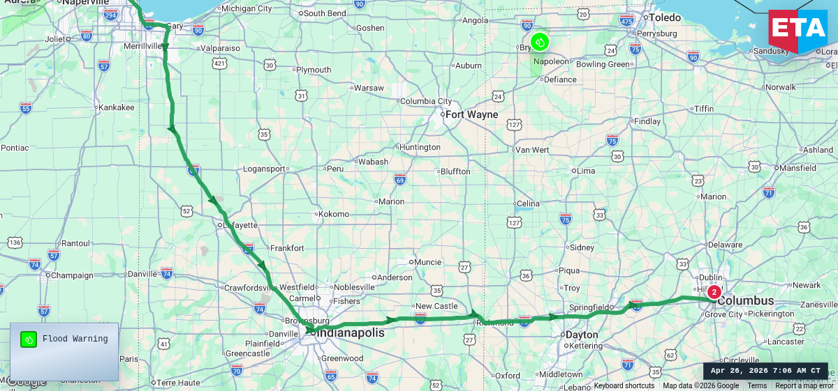 Route map for Chicago, IL → Columbus, OH