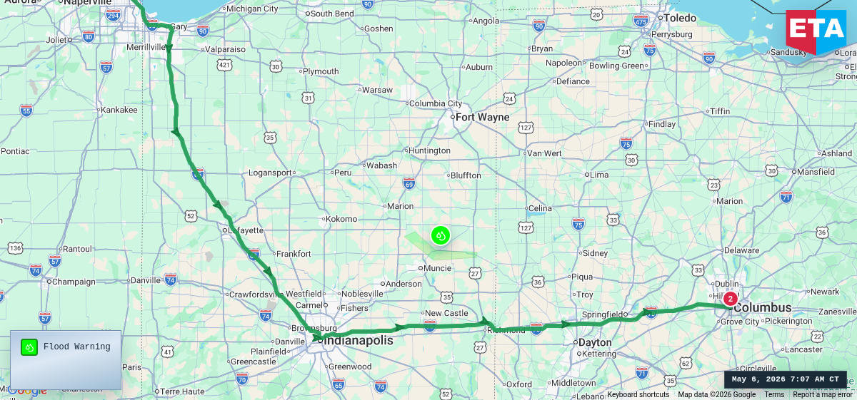 Route map for Chicago, IL → Columbus, OH