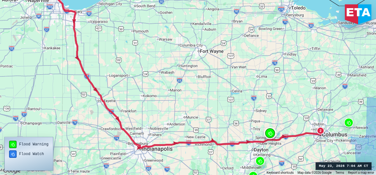 Route map for Chicago, IL → Columbus, OH