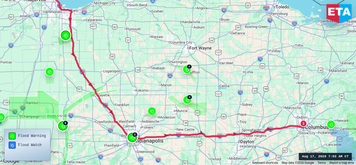Route map for Chicago, IL → Columbus, OH