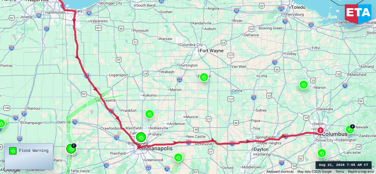Route map for Chicago, IL → Columbus, OH