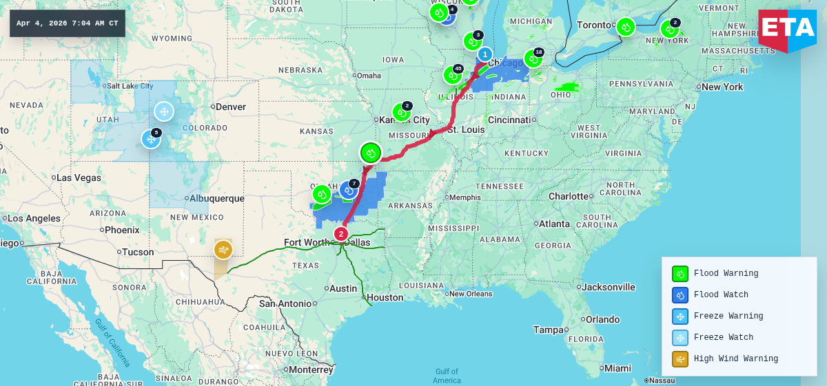 Route map for Chicago, IL → Dallas, TX