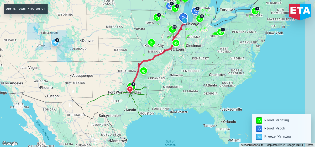 Route map for Chicago, IL → Dallas, TX