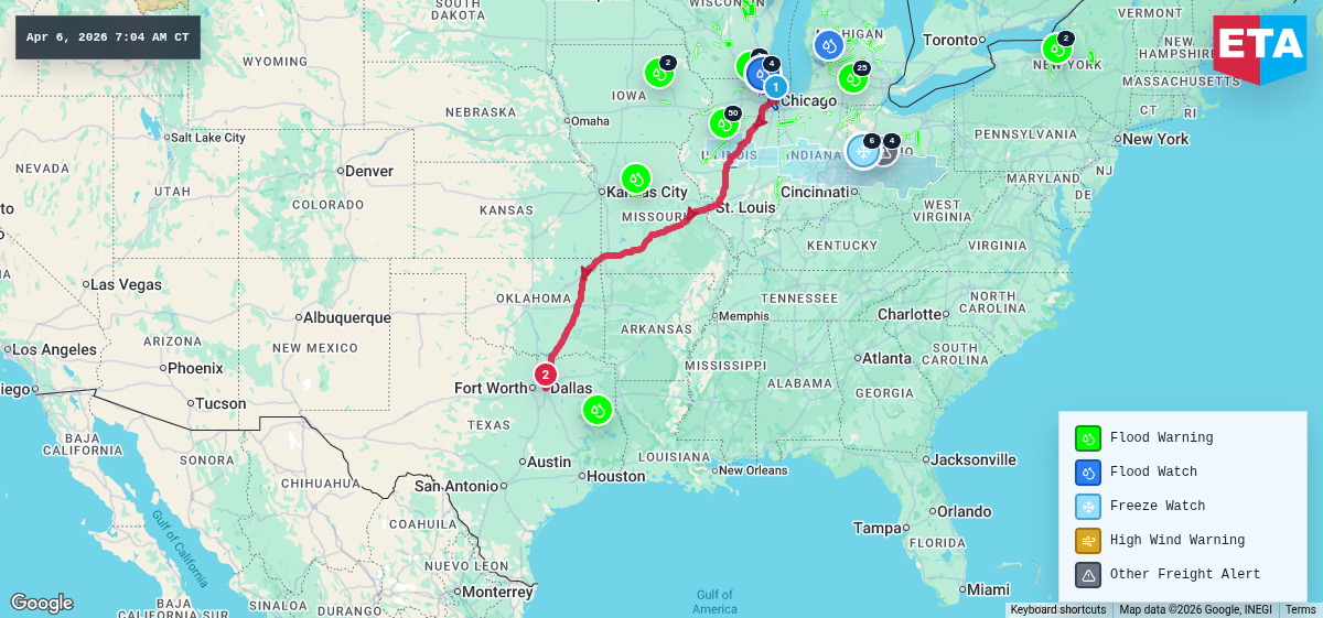 Route map for Chicago, IL → Dallas, TX