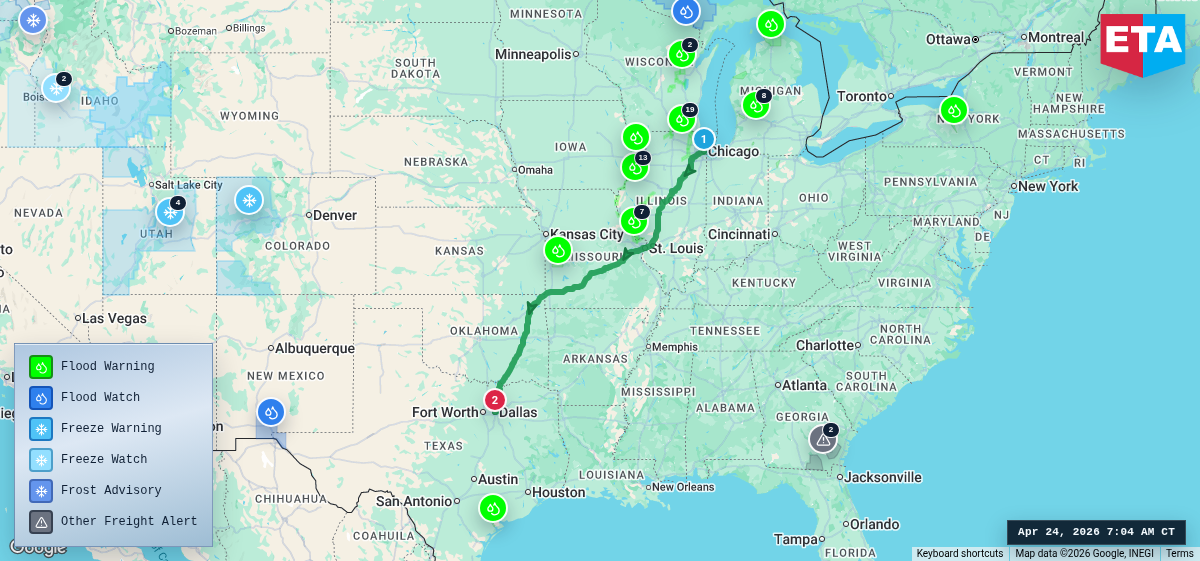 Route map for Chicago, IL → Dallas, TX