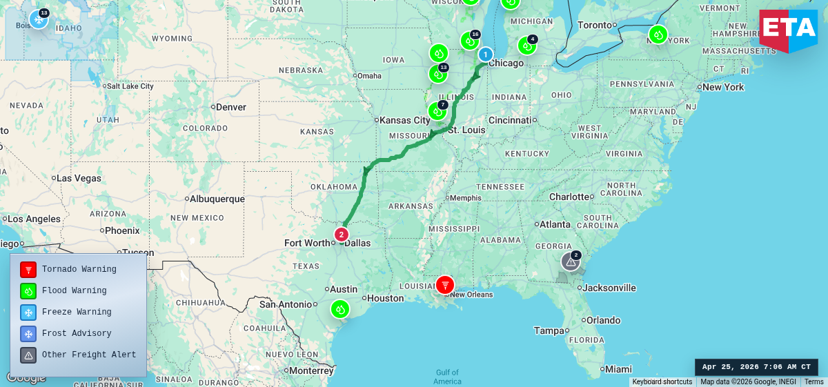 Route map for Chicago, IL → Dallas, TX