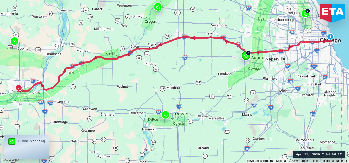 Route map for Chicago, IL → Davenport, IA