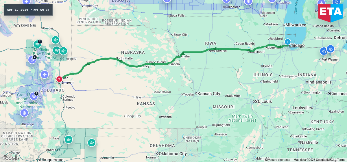 Route map for Chicago, IL → Denver, CO