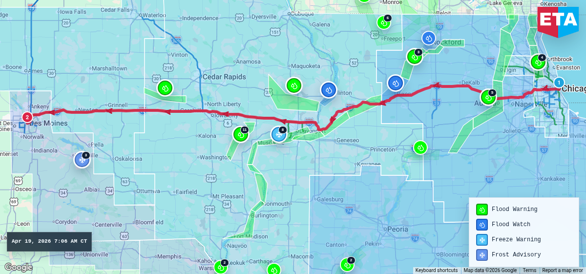 Route map for Chicago, IL → Des Moines, IA