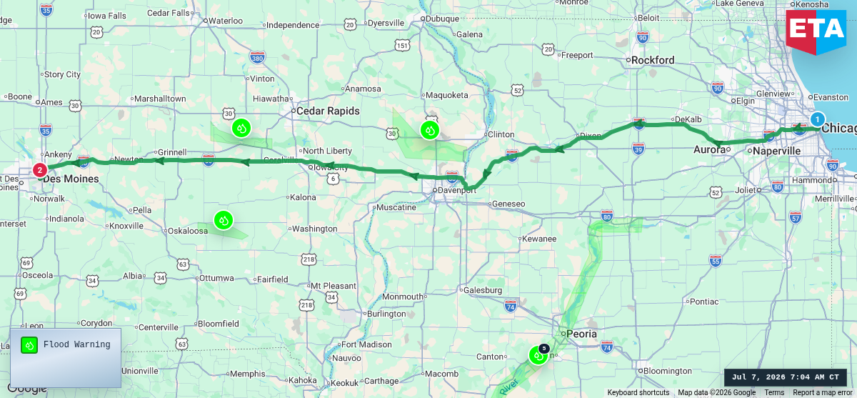 Route map for Chicago, IL → Des Moines, IA