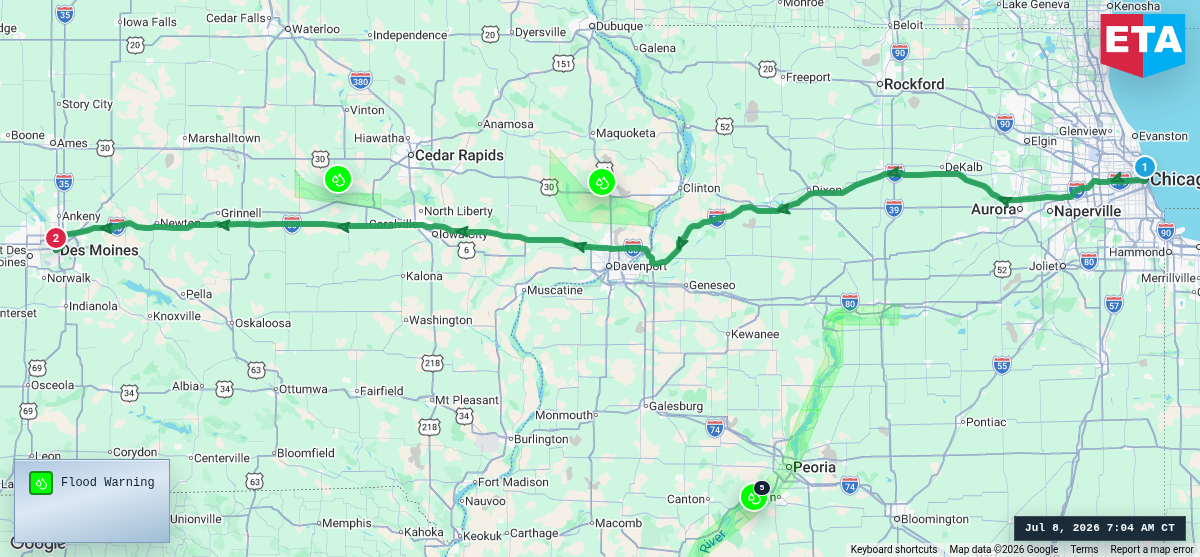 Route map for Chicago, IL → Des Moines, IA