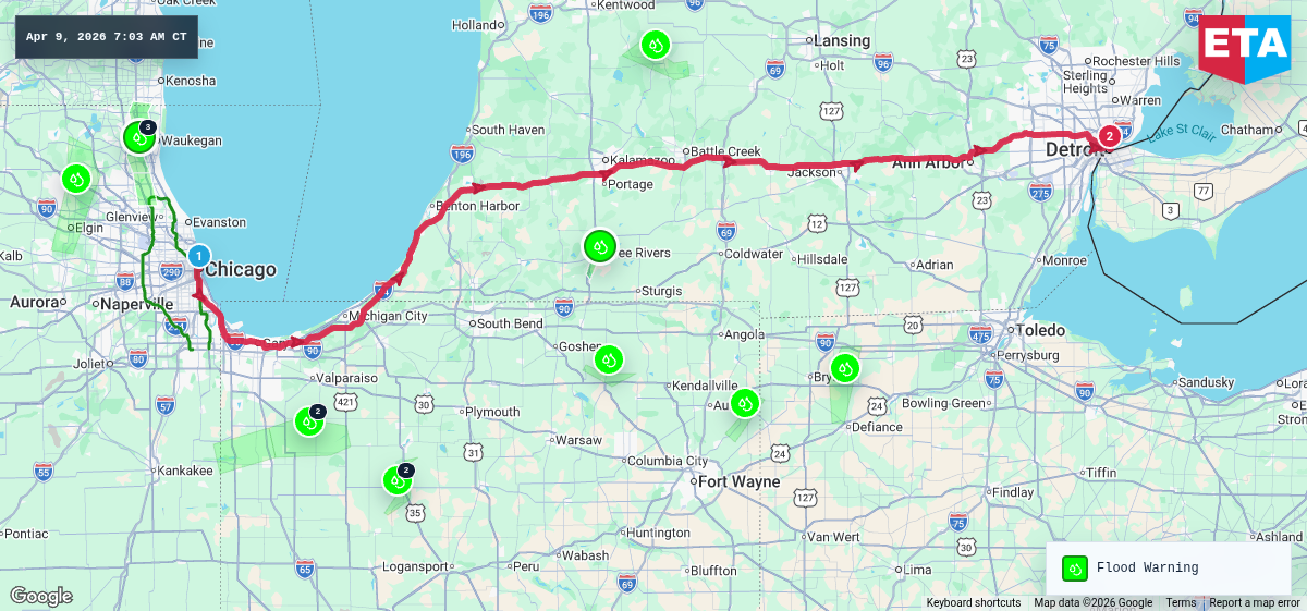 Route map for Chicago, IL → Detroit, MI