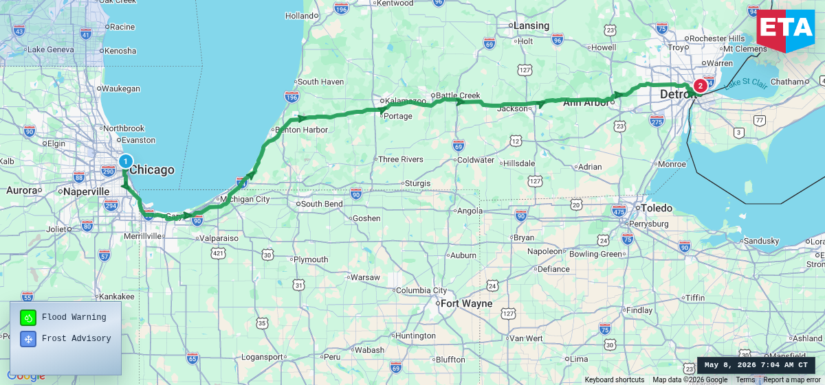 Route map for Chicago, IL → Detroit, MI