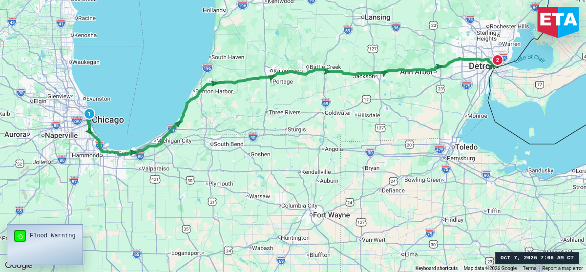 Route map for Chicago, IL → Detroit, MI