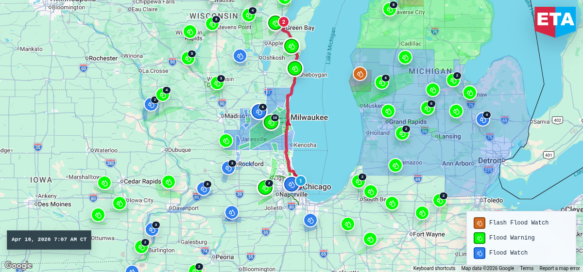 Route map for Chicago, IL → Green Bay, WI