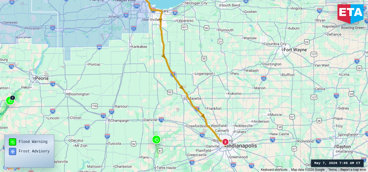 Route map for Chicago, IL → Indianapolis, IN