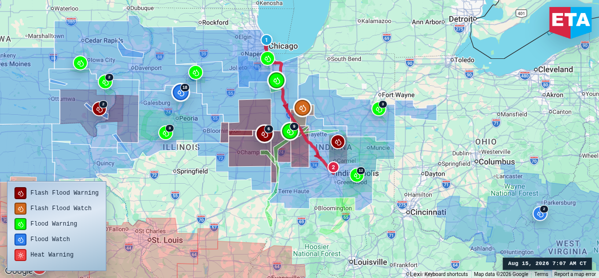 Route map for Chicago, IL → Indianapolis, IN