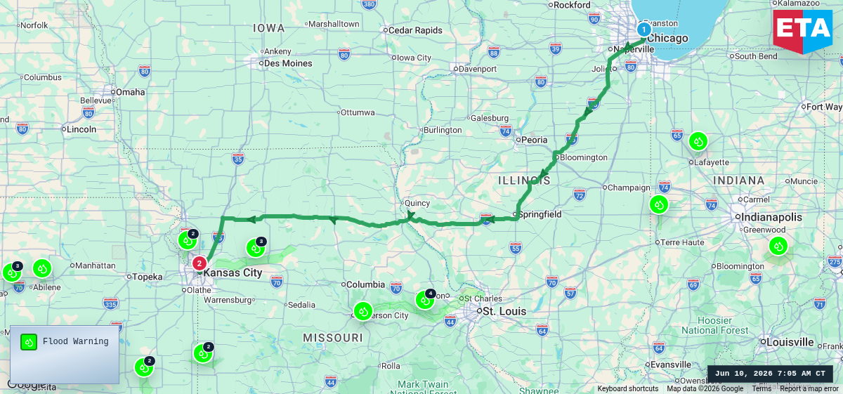 Route map for Chicago, IL → Kansas City, MO