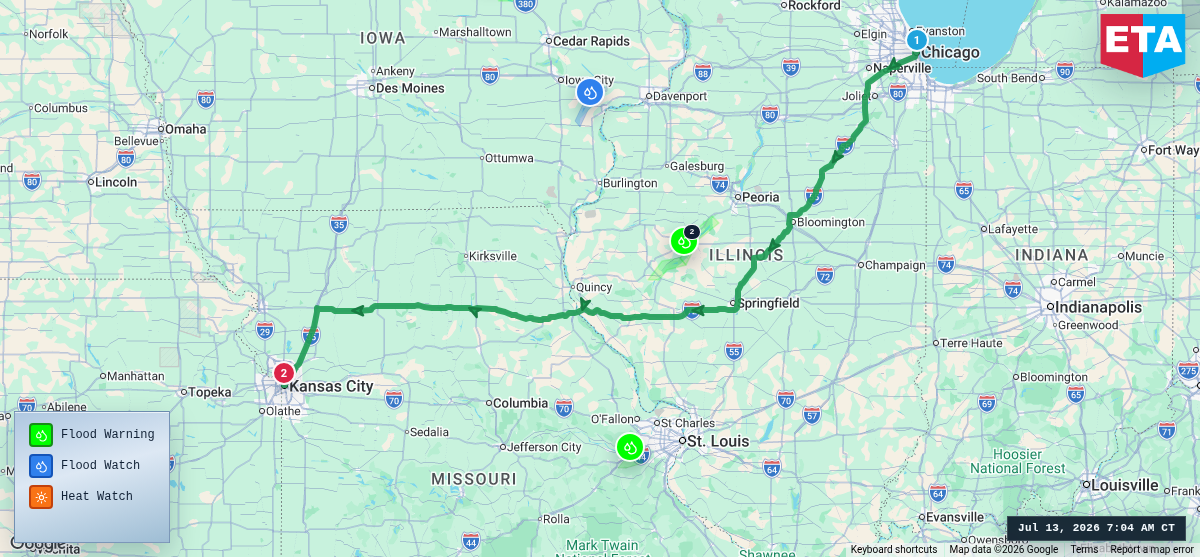 Route map for Chicago, IL → Kansas City, MO