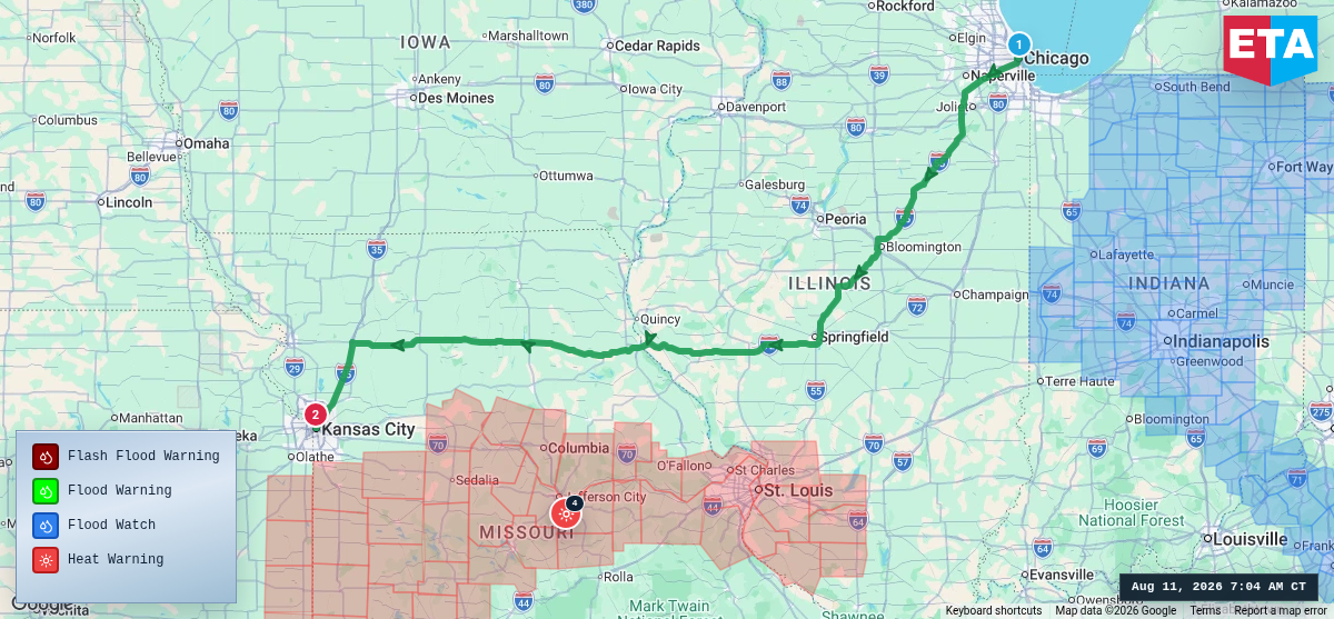 Route map for Chicago, IL → Kansas City, MO