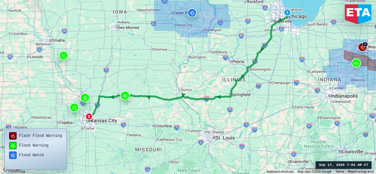 Route map for Chicago, IL → Kansas City, MO
