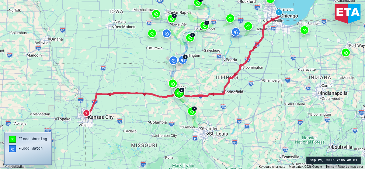 Route map for Chicago, IL → Kansas City, MO