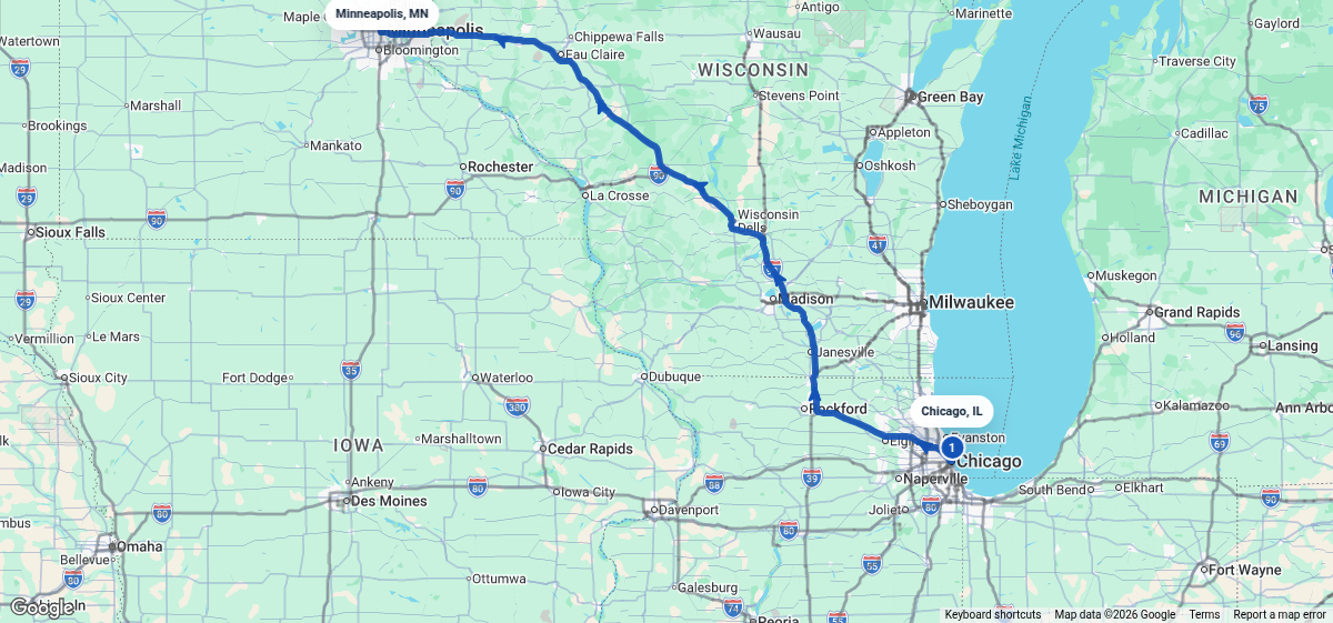 Route map for Chicago, IL → Minneapolis, MN