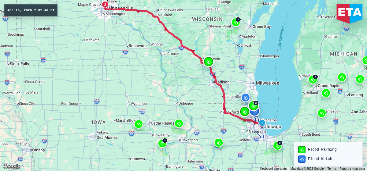 Route map for Chicago, IL → Minneapolis, MN