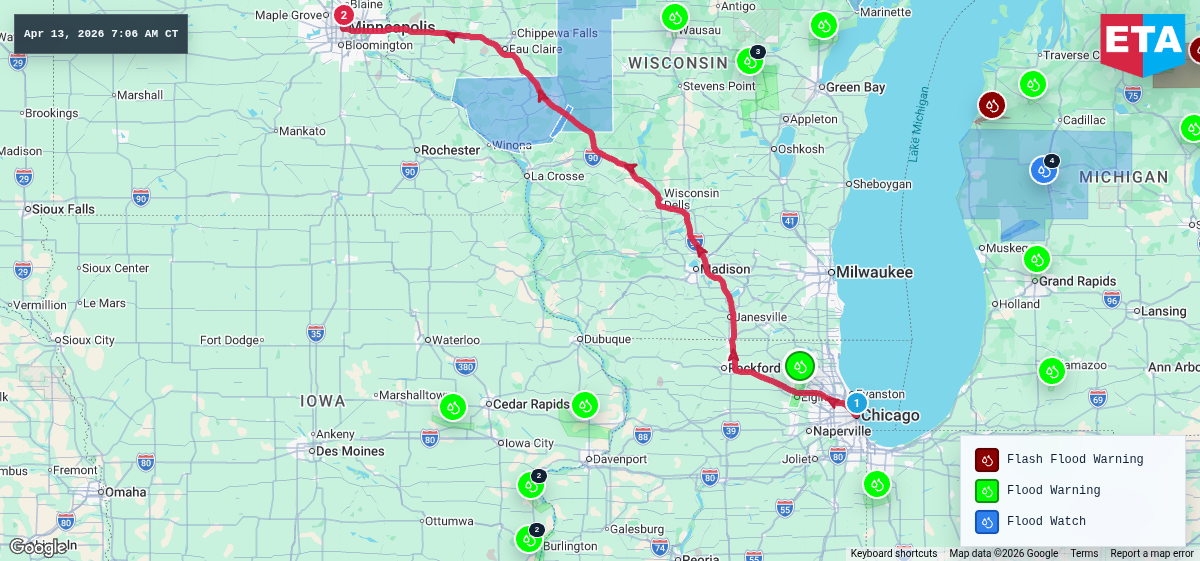 Route map for Chicago, IL → Minneapolis, MN