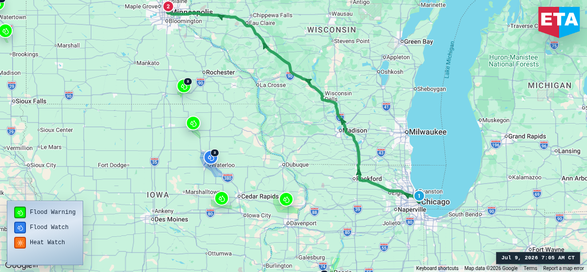Route map for Chicago, IL → Minneapolis, MN