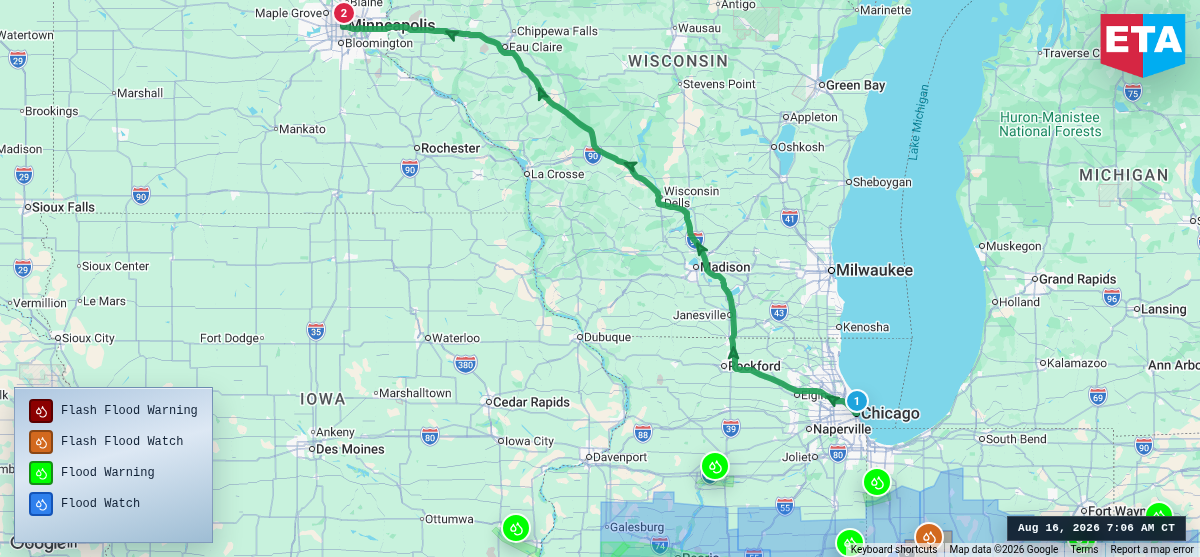 Route map for Chicago, IL → Minneapolis, MN