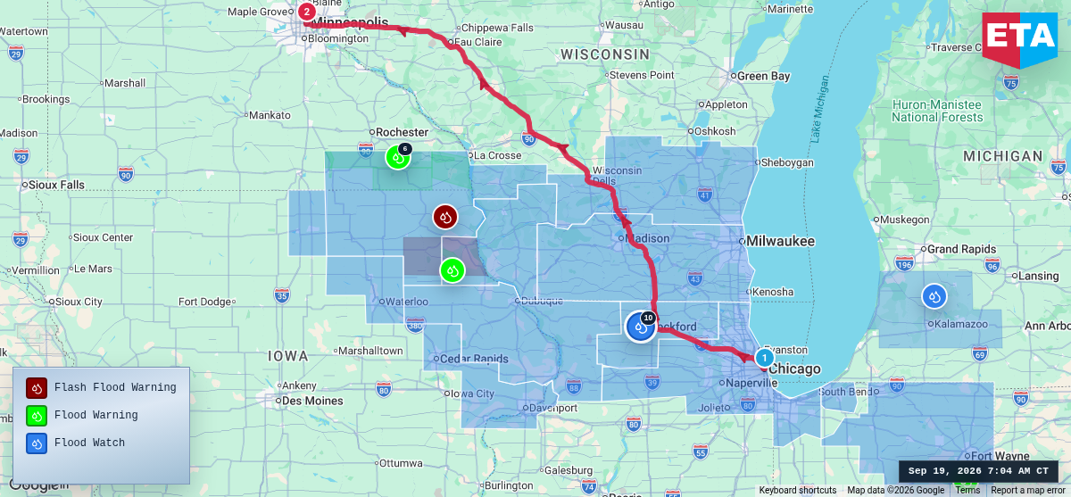 Route map for Chicago, IL → Minneapolis, MN