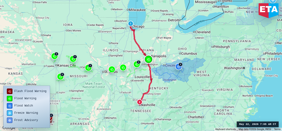 Route map for Chicago, IL → Nashville, TN