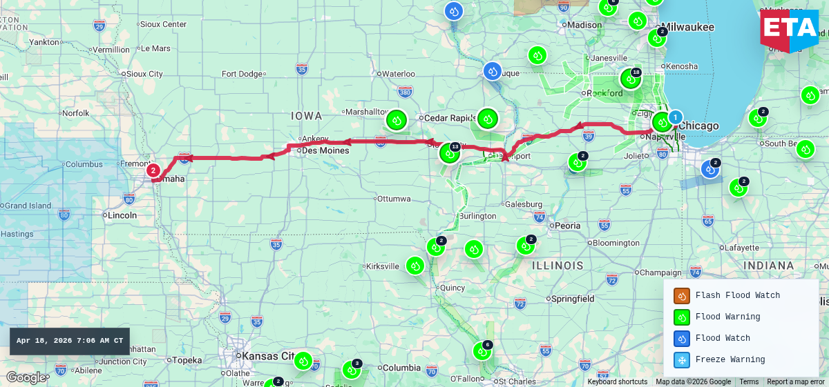 Route map for Chicago, IL → Omaha, NE