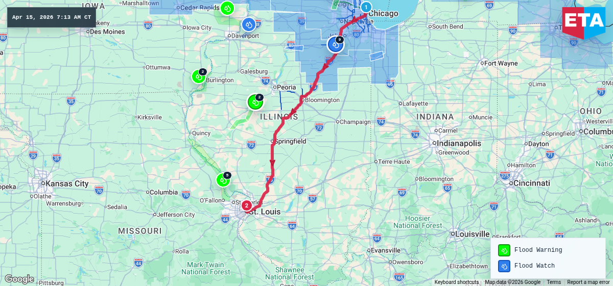 Route map for Chicago, IL → St. Louis, MO