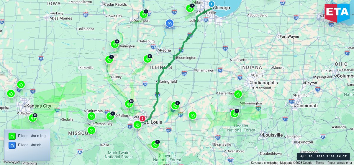 Route map for Chicago, IL → St. Louis, MO
