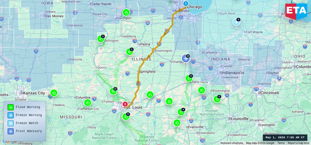 Route map for Chicago, IL → St. Louis, MO