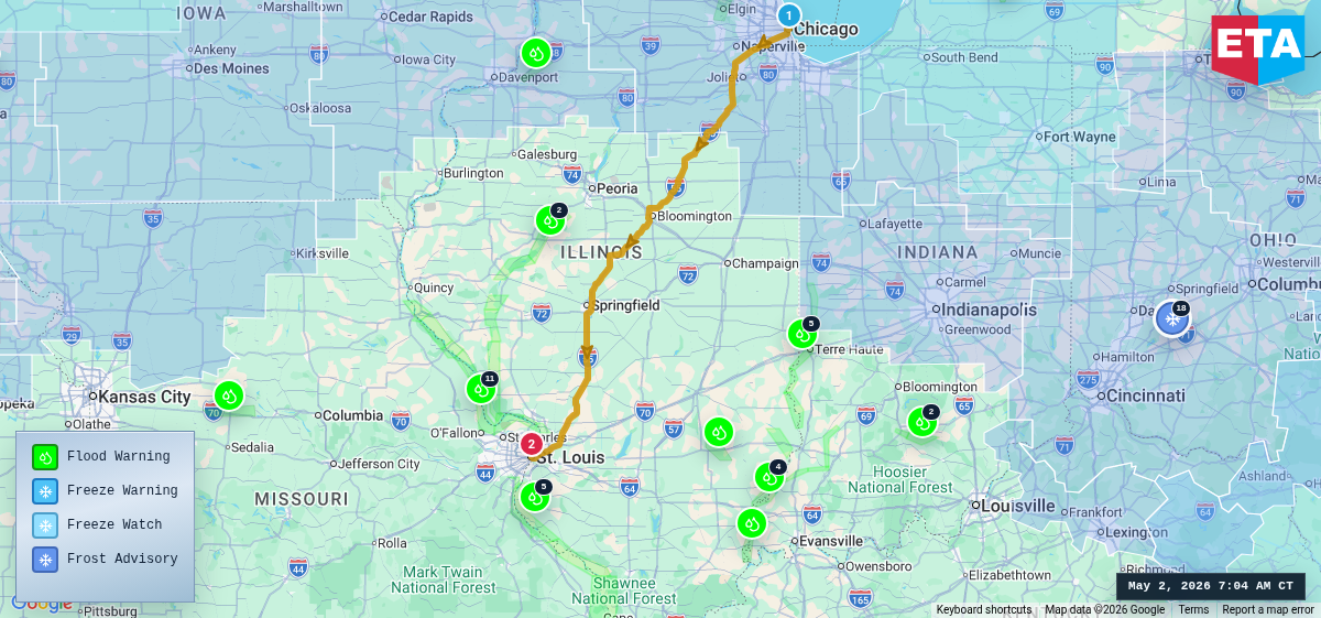 Route map for Chicago, IL → St. Louis, MO